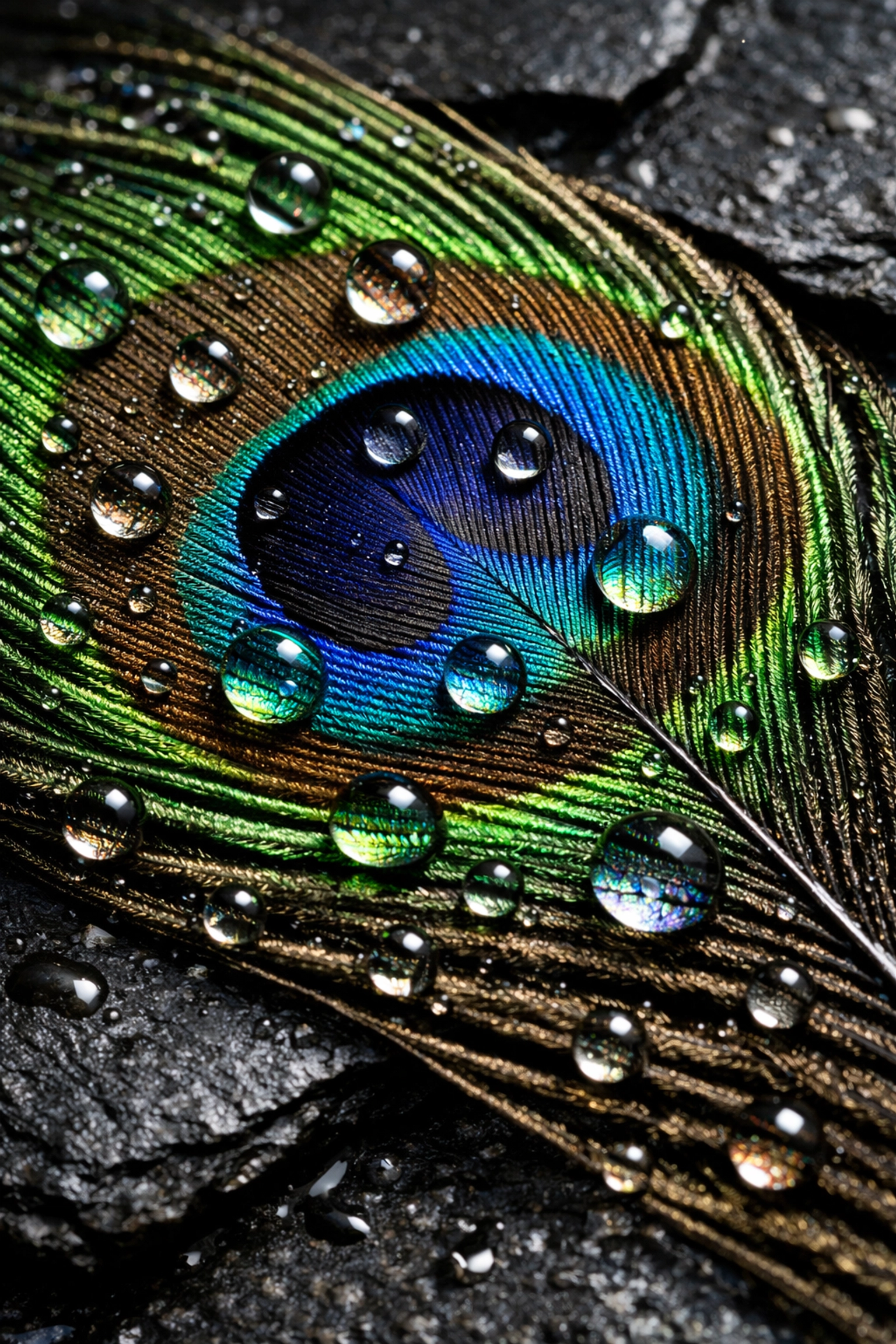 Detailed macro photography of a peacock feather with water droplets illustrating texture and storytelling tips.