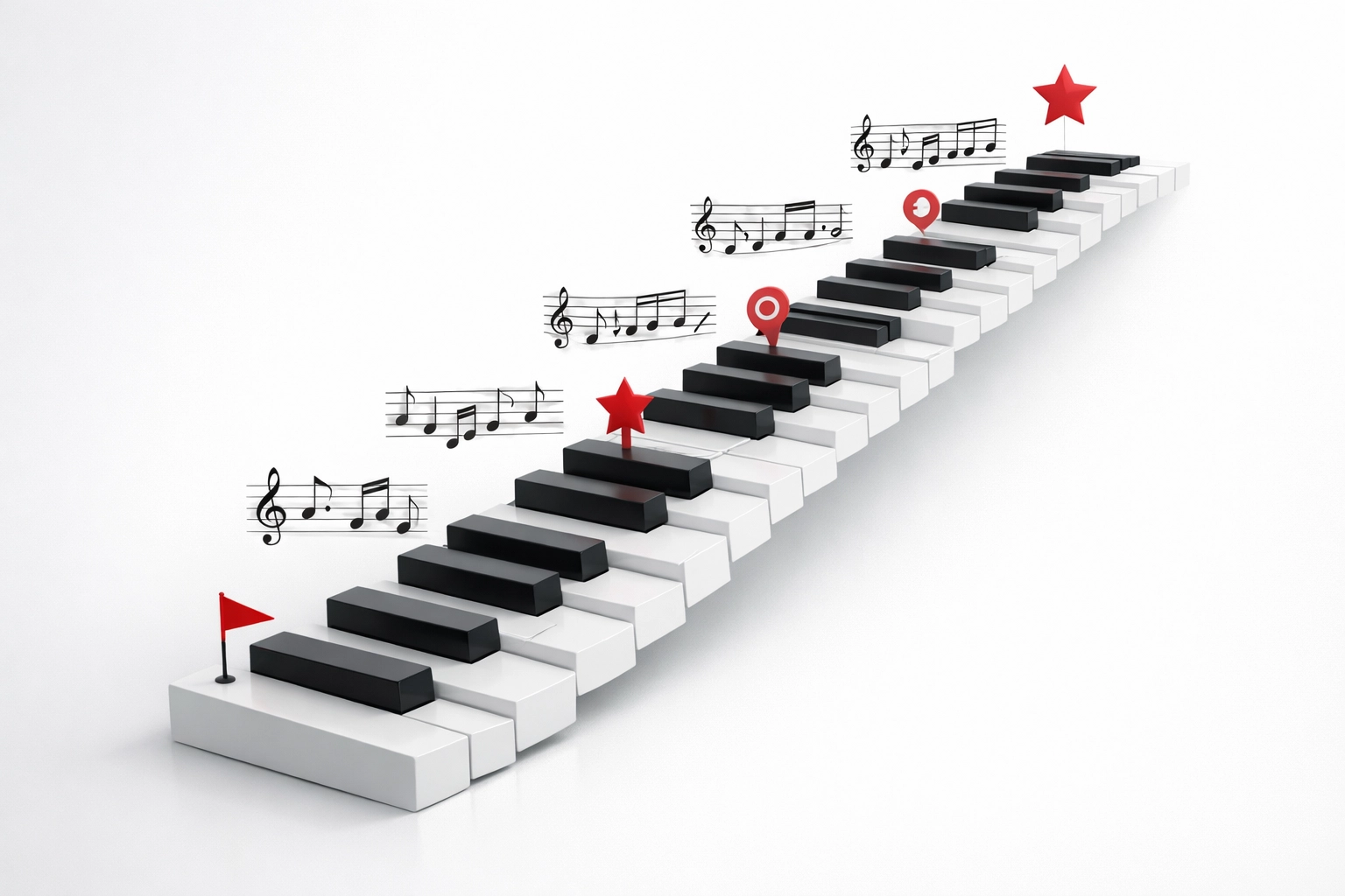 Piano keys ascending like stairs showing progressive learning levels and achievements