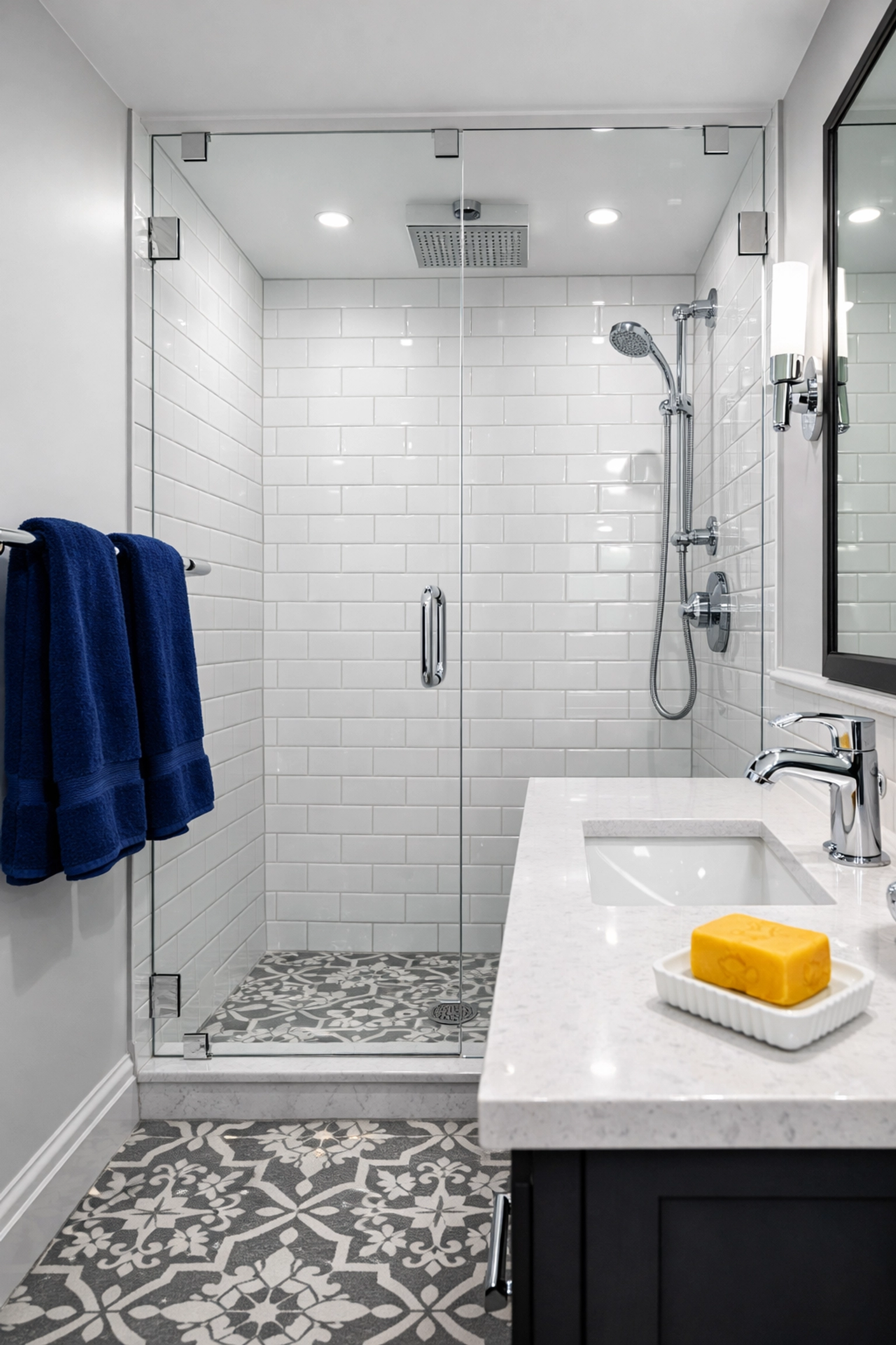 Sparkling bathroom after post-construction cleaning in Westborough showing dust-free glass and tiles.