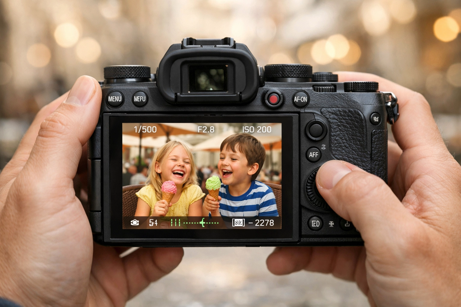 Close-up of a camera screen displaying a candid photo of kids eating gelato on holiday.