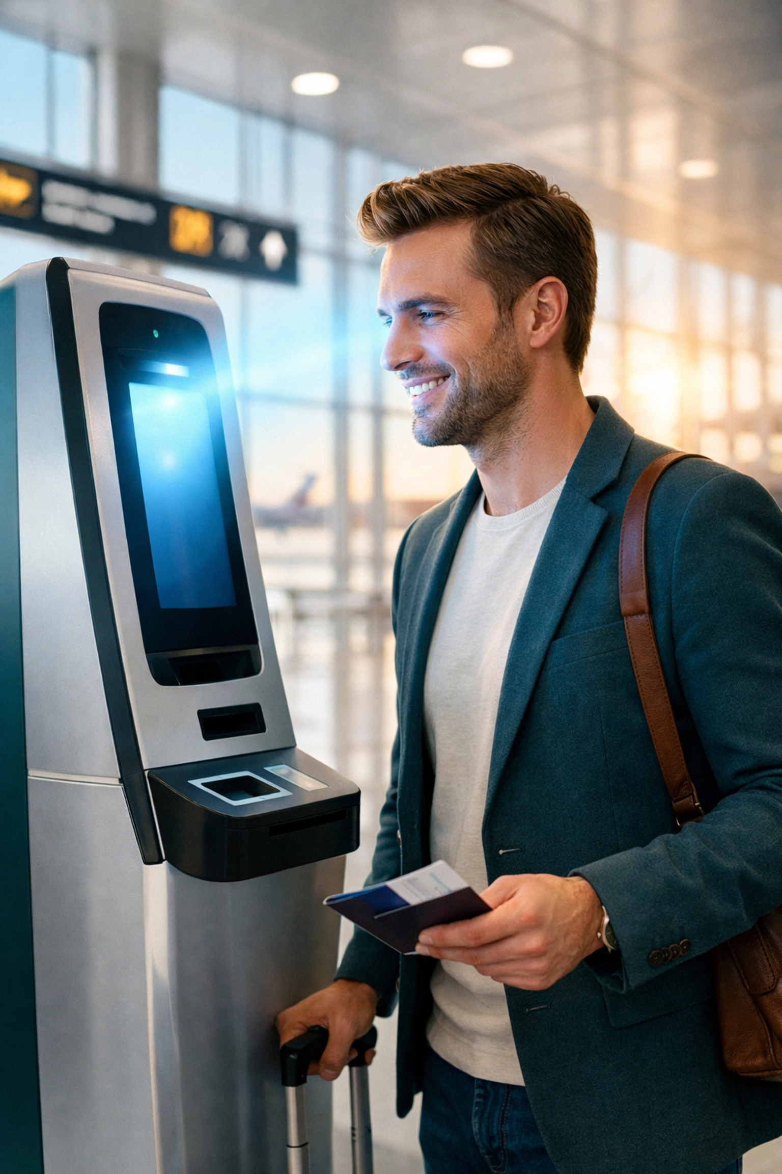 A high-resolution, polished photograph of a stylish traveler interacting with a sleek, modern biometric kiosk in a bright European airport terminal. The traveler is smiling as a soft, magical blue light gently illuminates their face for a scan. The background is a clean, airy terminal with large windows and a hint of a sun-drenched runway. The color palette features crisp whites, deep teals, and warm golden sunlight, creating a sense of seamless, high-tech travel.