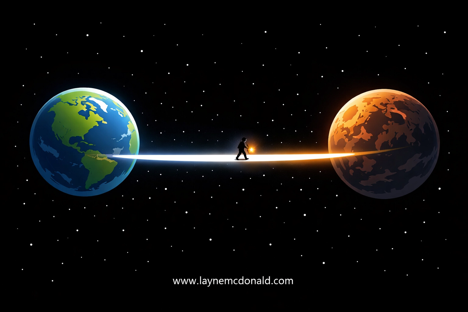 A figure crossing a bridge of light between planets, symbolizing the spiritual ambassador's journey and purpose.