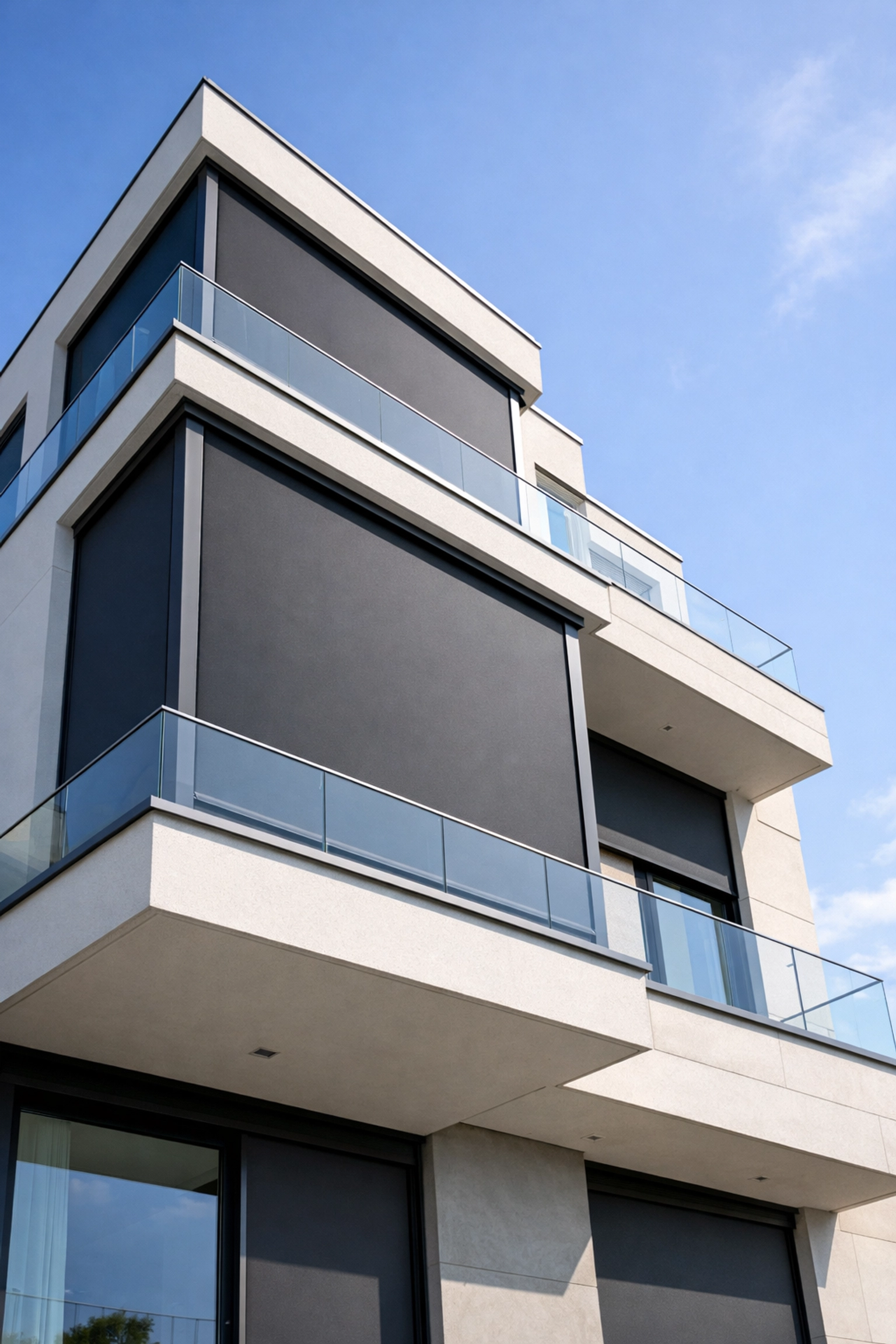 Elegante Zip Screens an einem modernen Wiener Wohnhaus für effektiven Sonnenschutz.