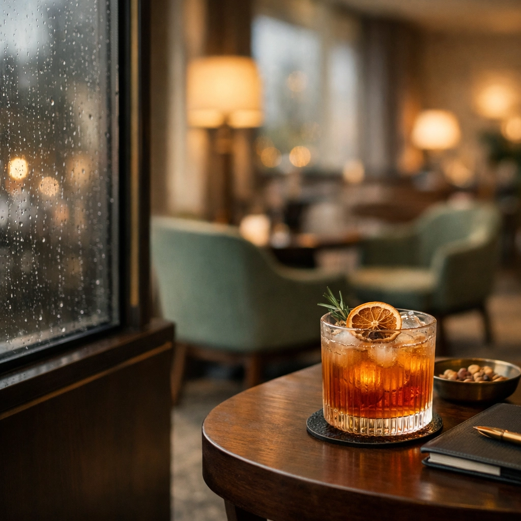 Cozy hotel lounge setting representing seamless guest journeys and ancillary services.