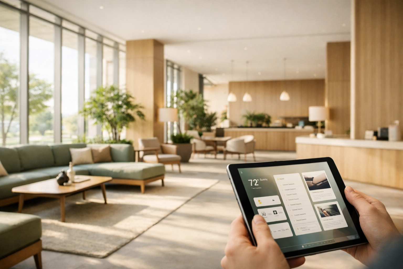 Hotel manager accessing cloud-native hospitality software on a tablet in a minimalist lobby.