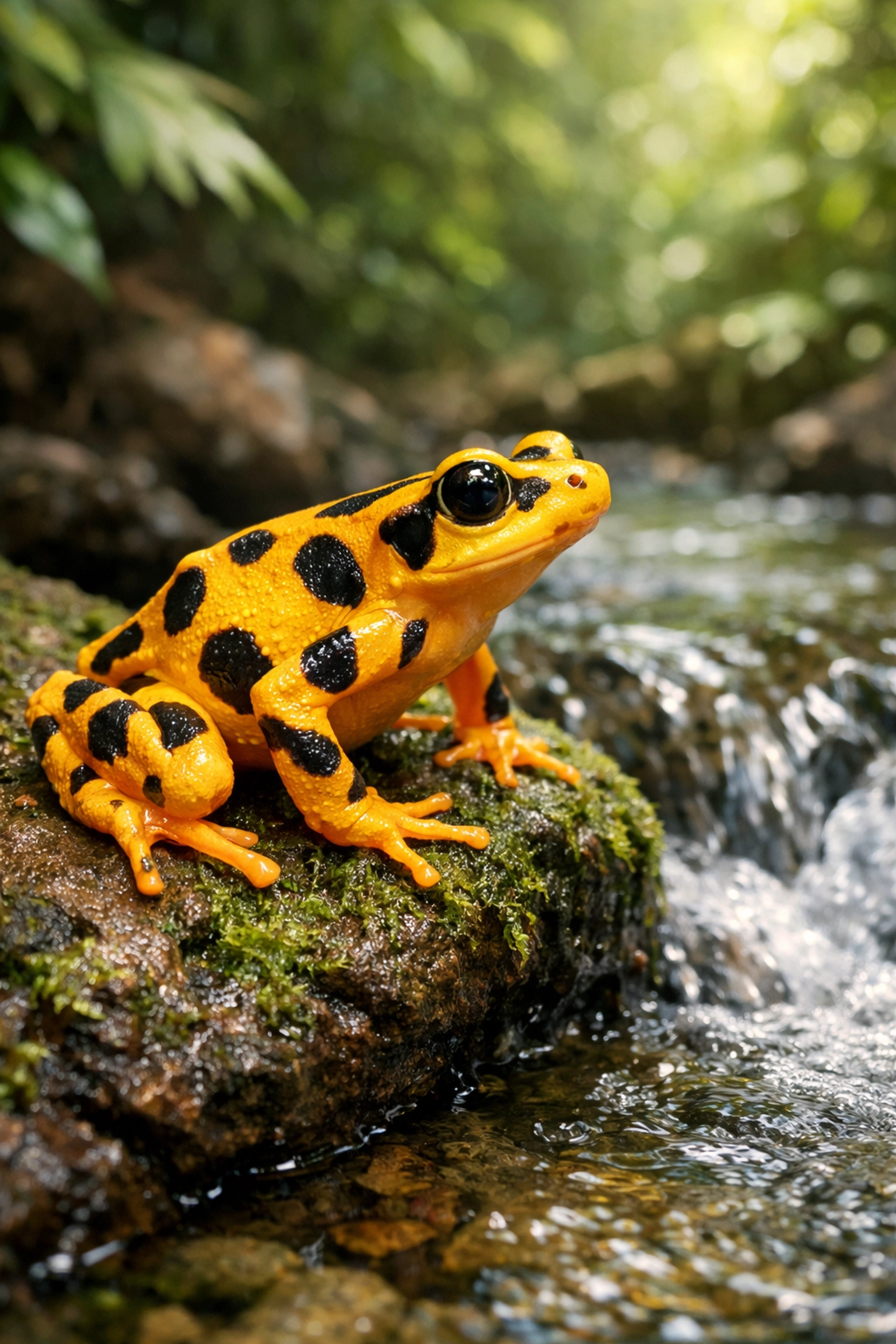 Panamanian golden frog on stream rock, endangered species being reintroduced to Panama habitat