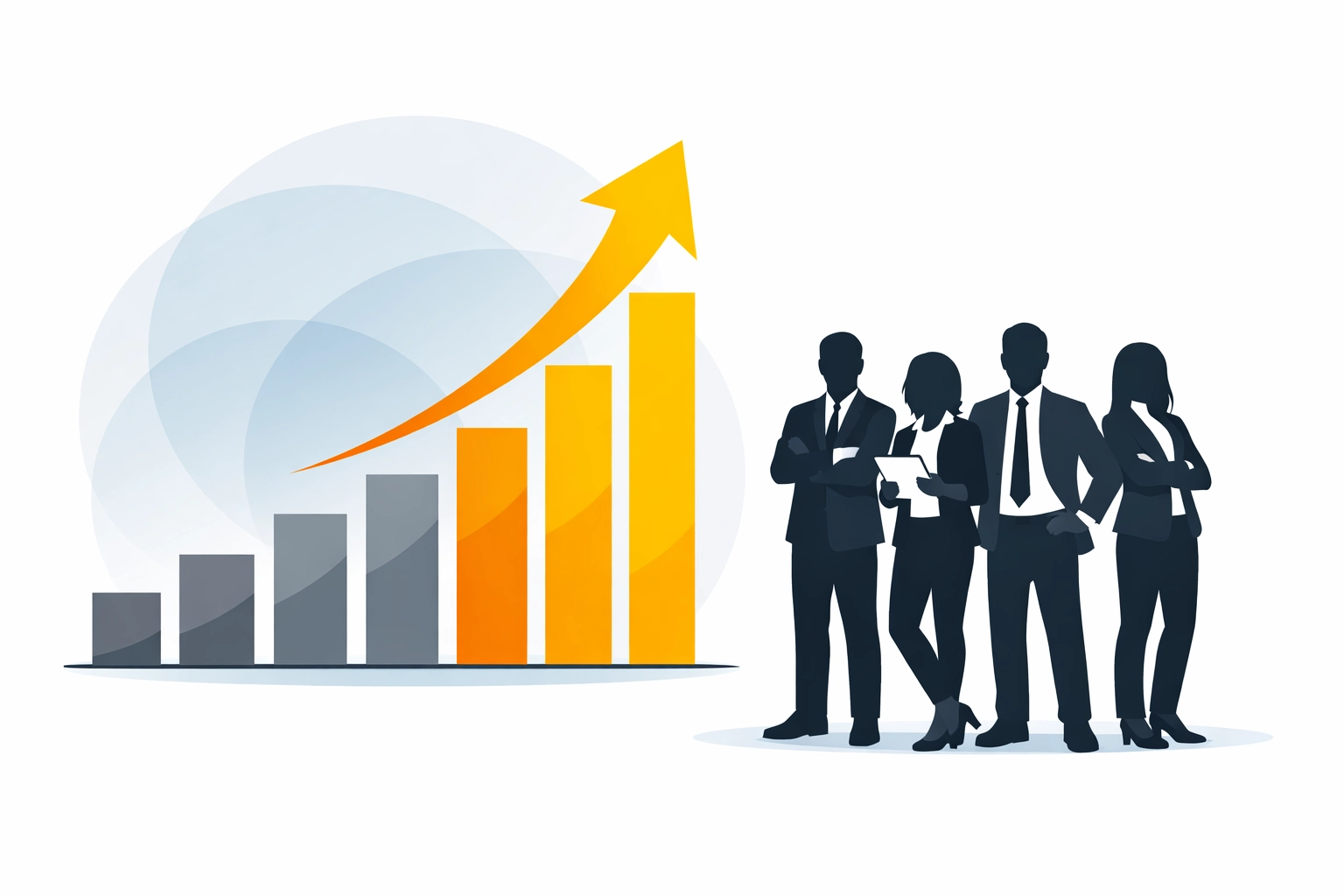 Growth chart and a team of experts illustrating the cost-effectiveness of managed IT services.