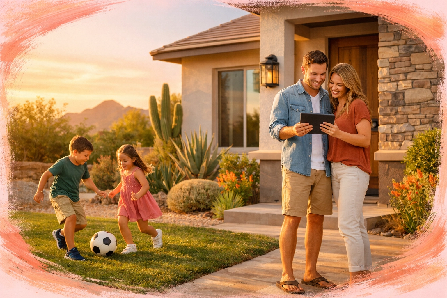 Family reviewing home buying plans on Arizona home porch at their own comfortable pace