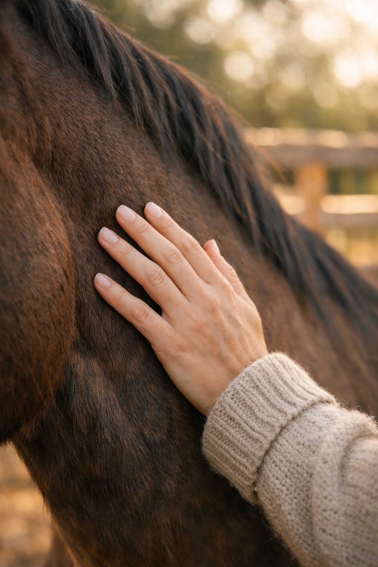 Close-up of a calming touch on a horse, illustrating mind-body integration in equine therapy Orlando.