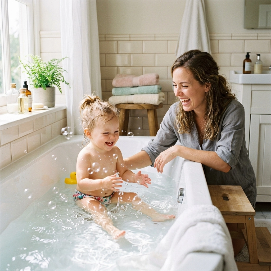 A mother and child enjoying clean, safe bath water from a whole-house water filtration system.