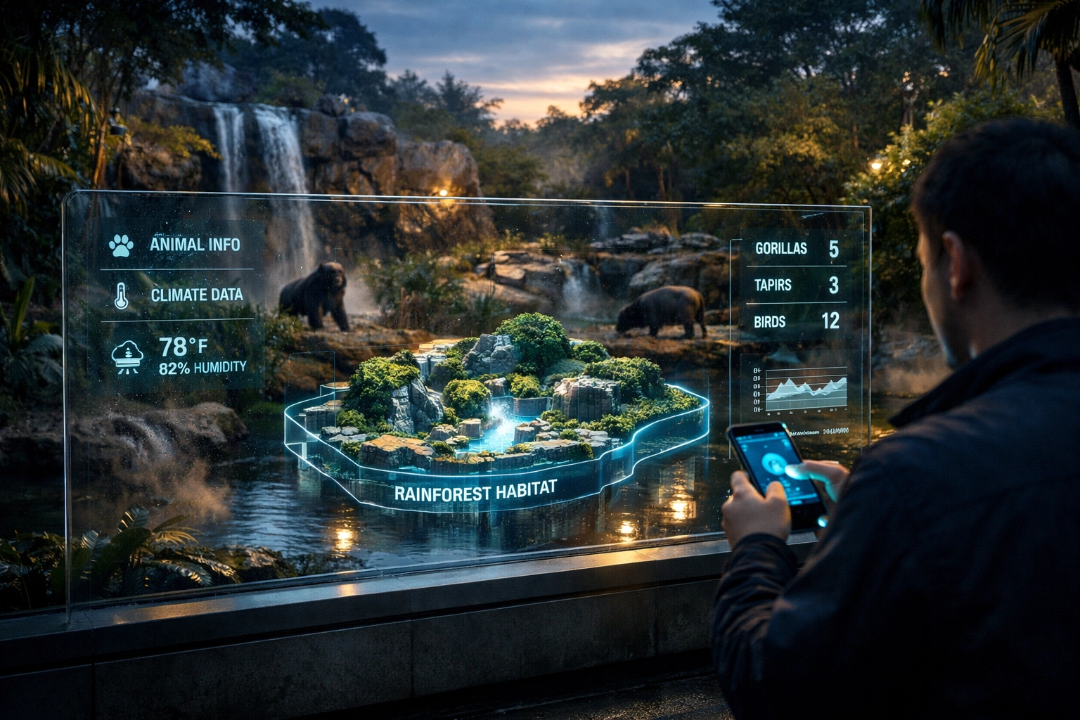 Visitor using a smartphone to interact with interactive digital signage at a smart zoo exhibit.