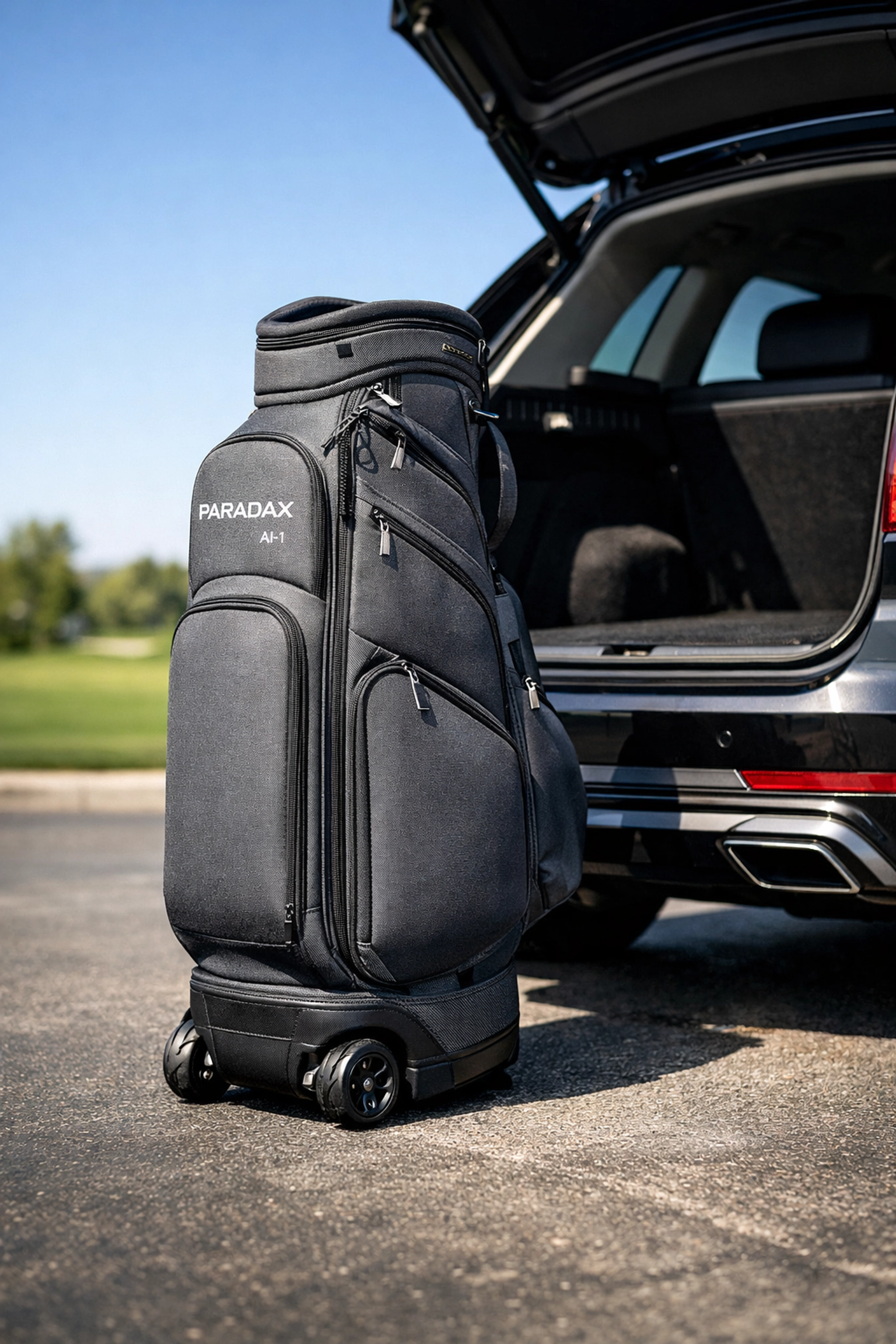 PARADAX AI-1 all in one golf bag with wheels showing its space-saving design by an SUV.