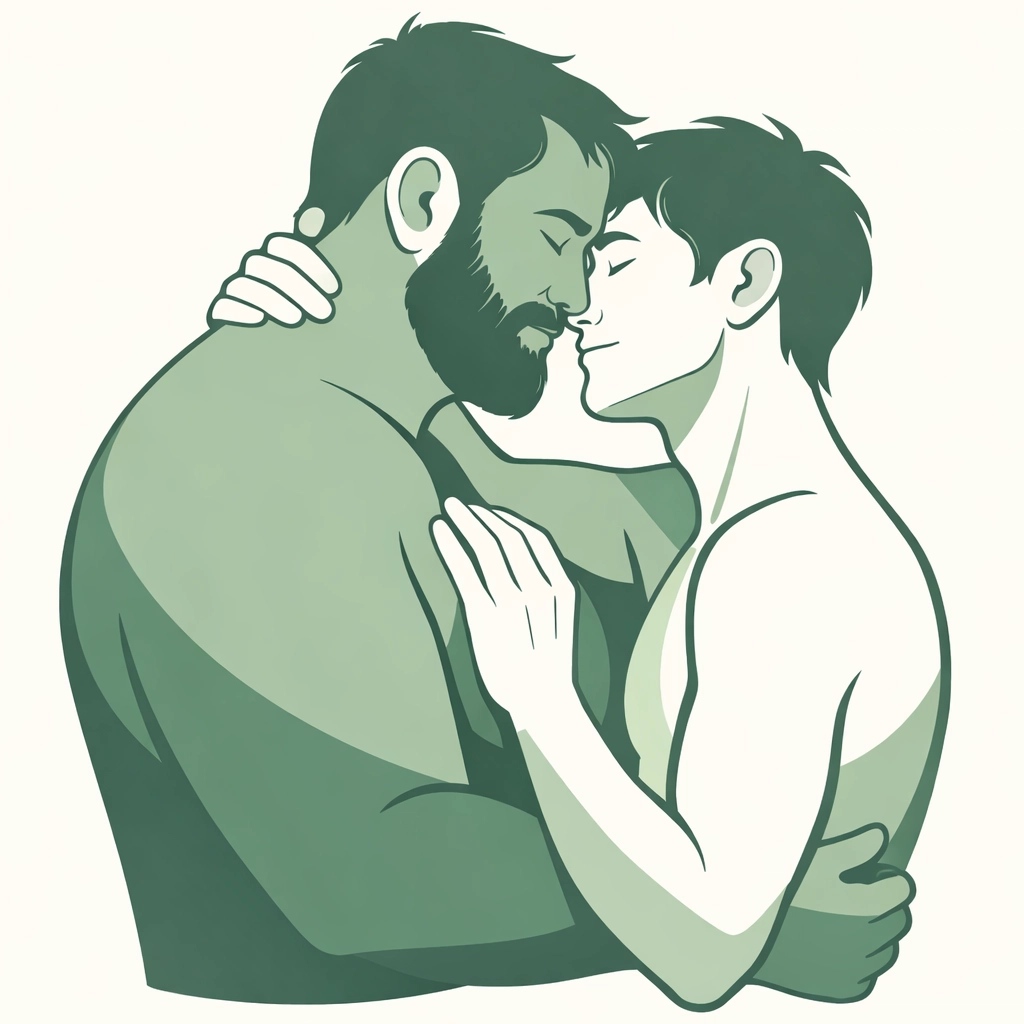 Hand-drawn illustration of an MM couple embracing, highlighting body positivity and intimate queer love.