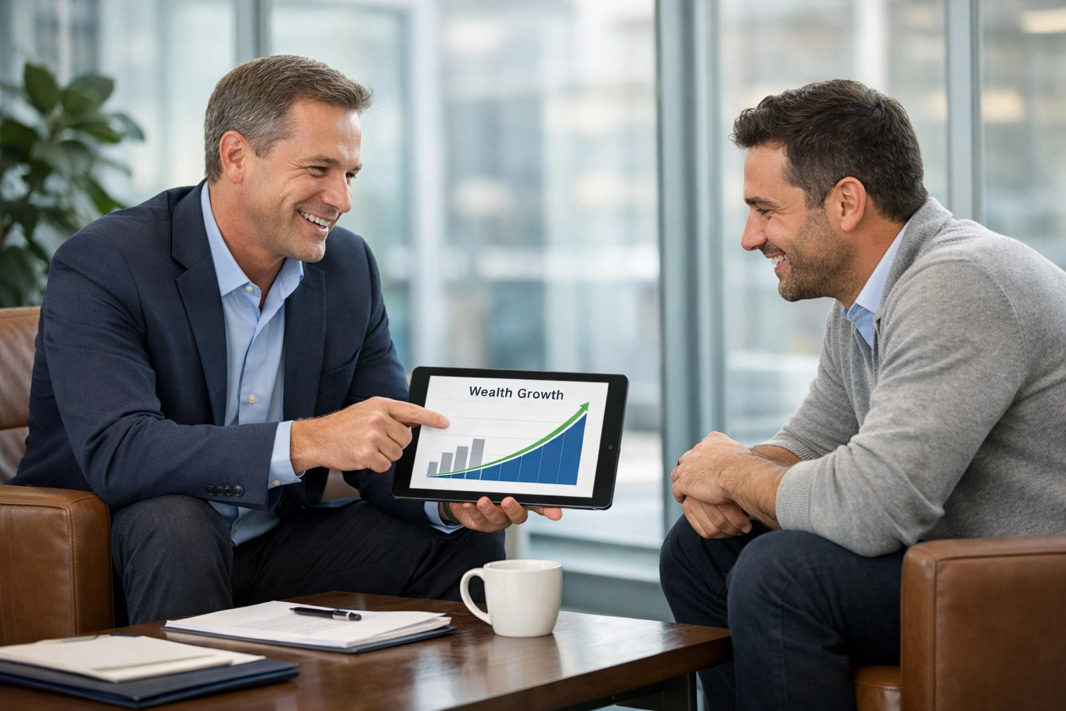 A professional mortgage strategist explaining custom lending and wealth growth strategies to a self-employed client.