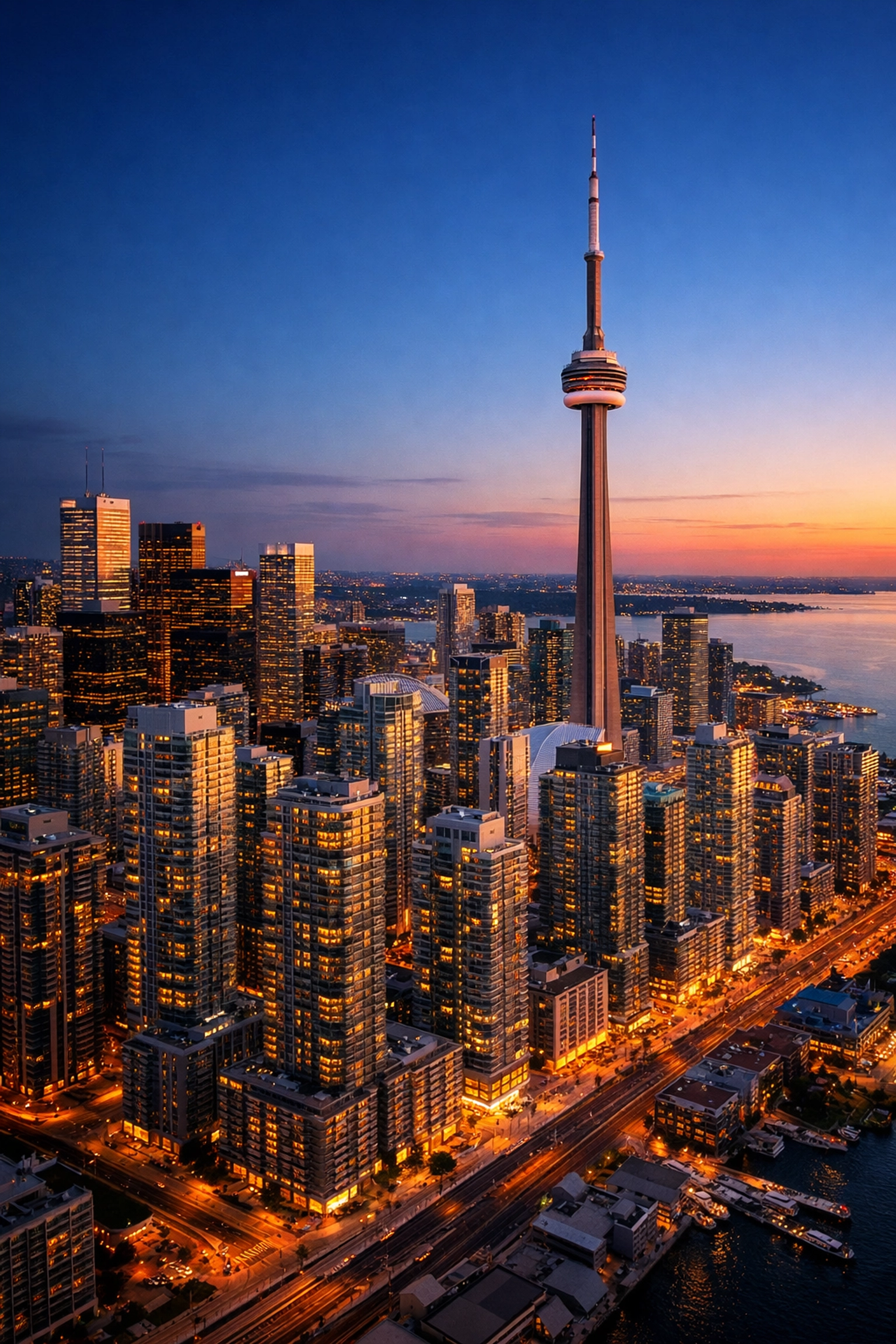 Toronto downtown condo towers and CN Tower at sunset showcasing the 2026 market