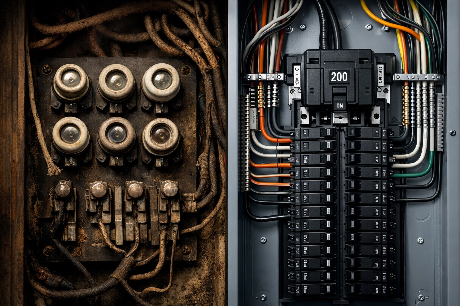 Old vs new electrical panel comparison showing upgrade from outdated to modern 200-amp service