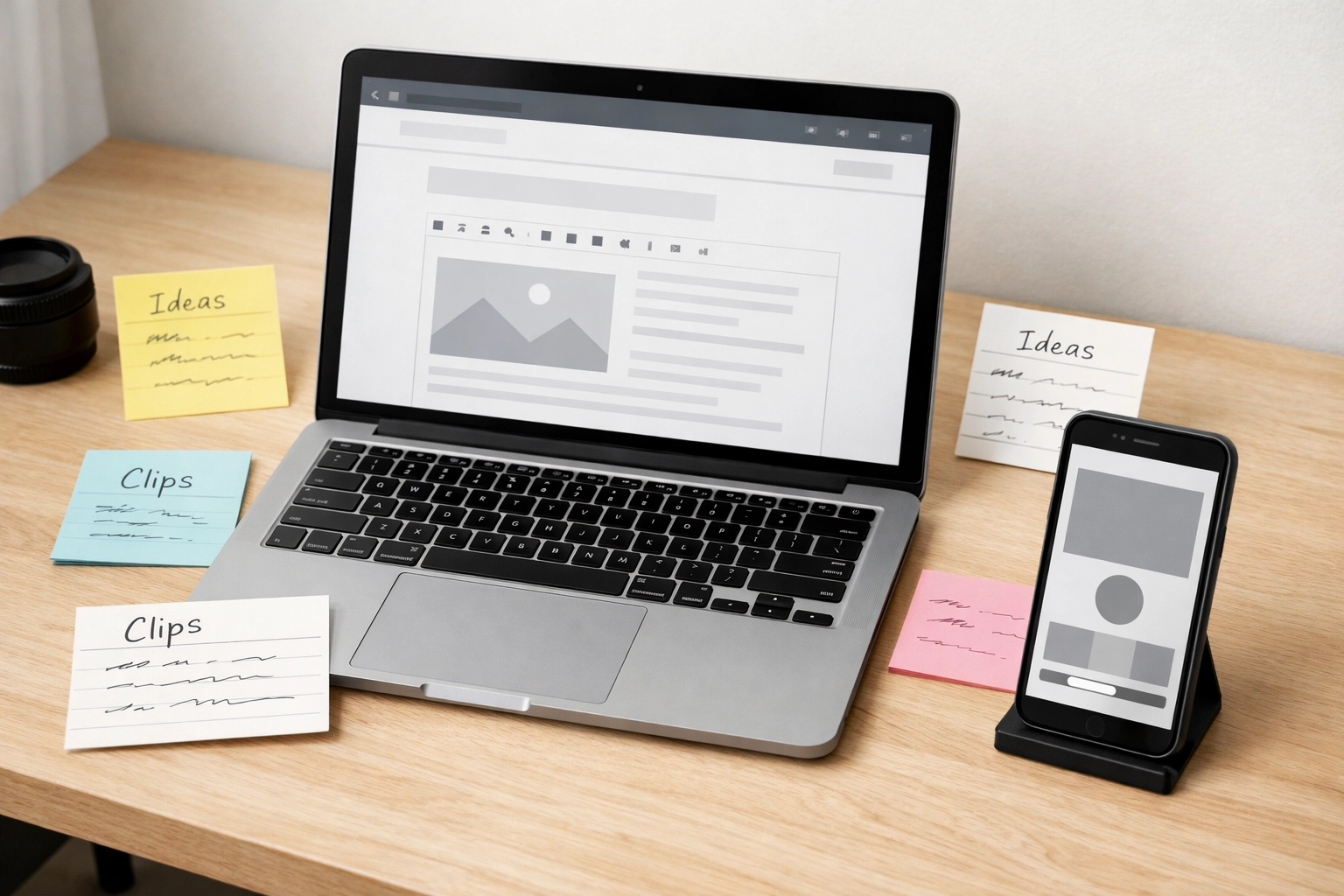 Content marketing tools for bloggers used on a laptop and smartphone to automate social media video creation.