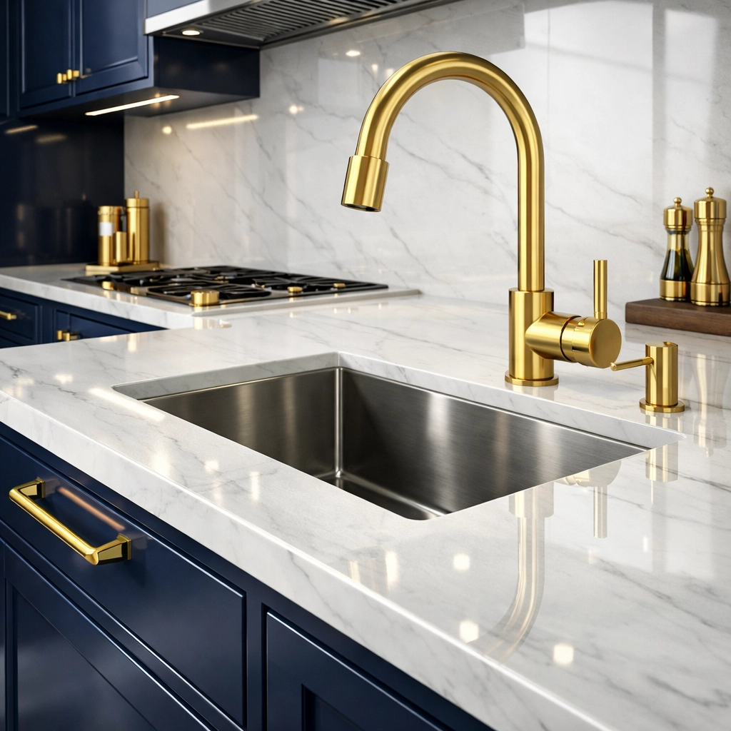 A perfectly organized and sanitized kitchen with marble counters, ready for House Cleaning Ashburnham MA.