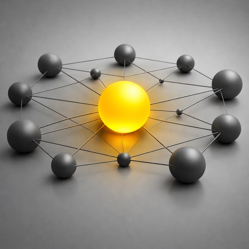 Synchronized network with a yellow core, illustrating an integrated AI marketing ecosystem for business growth.