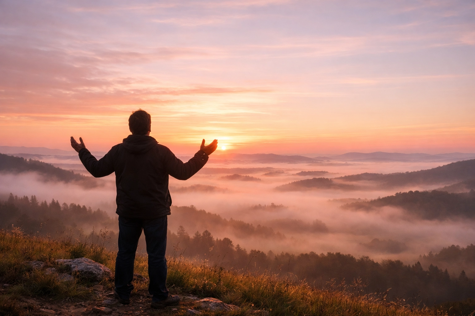 Person in worship on hilltop at sunrise overlooking peaceful landscape