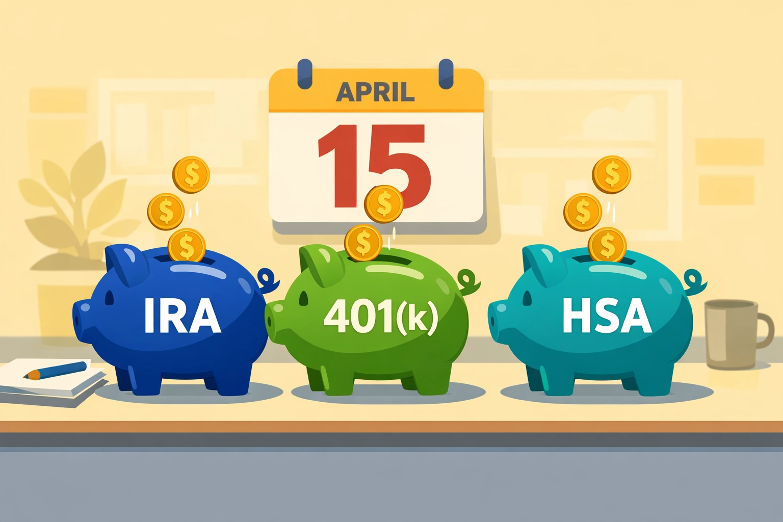 IRA, 401k, and HSA retirement savings accounts with April 15 deadline for tax planning contributions
