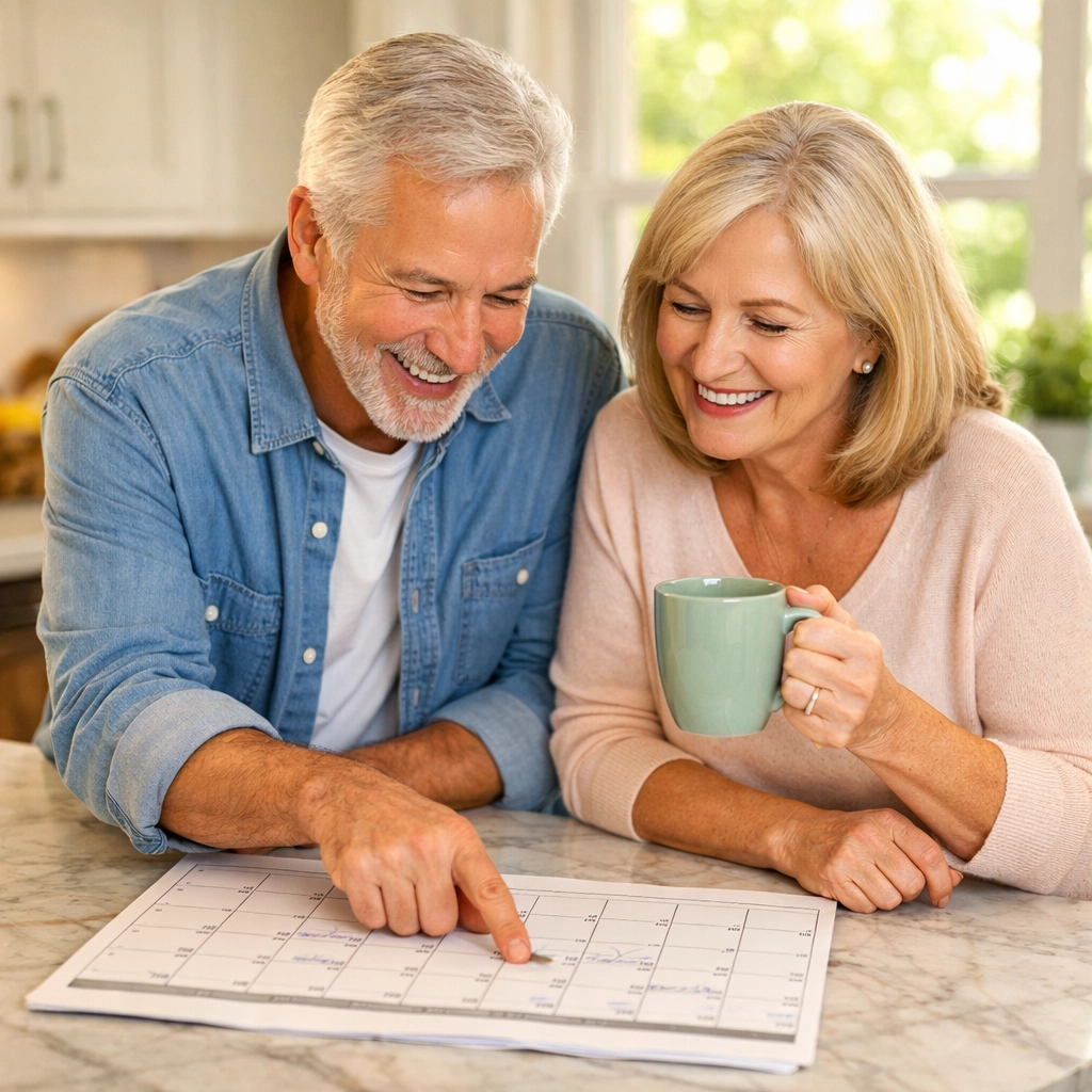 Couple turning 65 tracking their Medicare Initial Enrollment Period on a kitchen calendar.