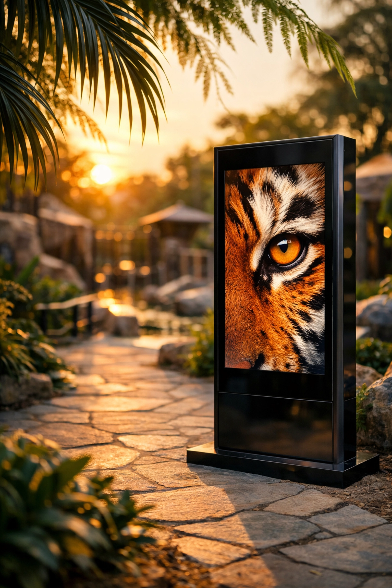 High-tech digital marketing kiosk at a zoo displaying creative brand content for visitor engagement.