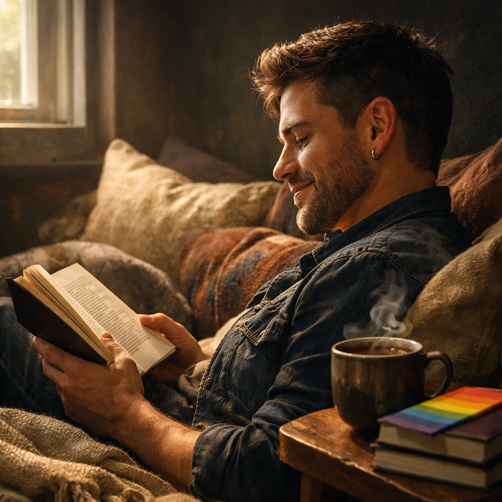 A reader enjoying a queer fiction book in a cozy setting, celebrating the joy of diverse gay romance stories.