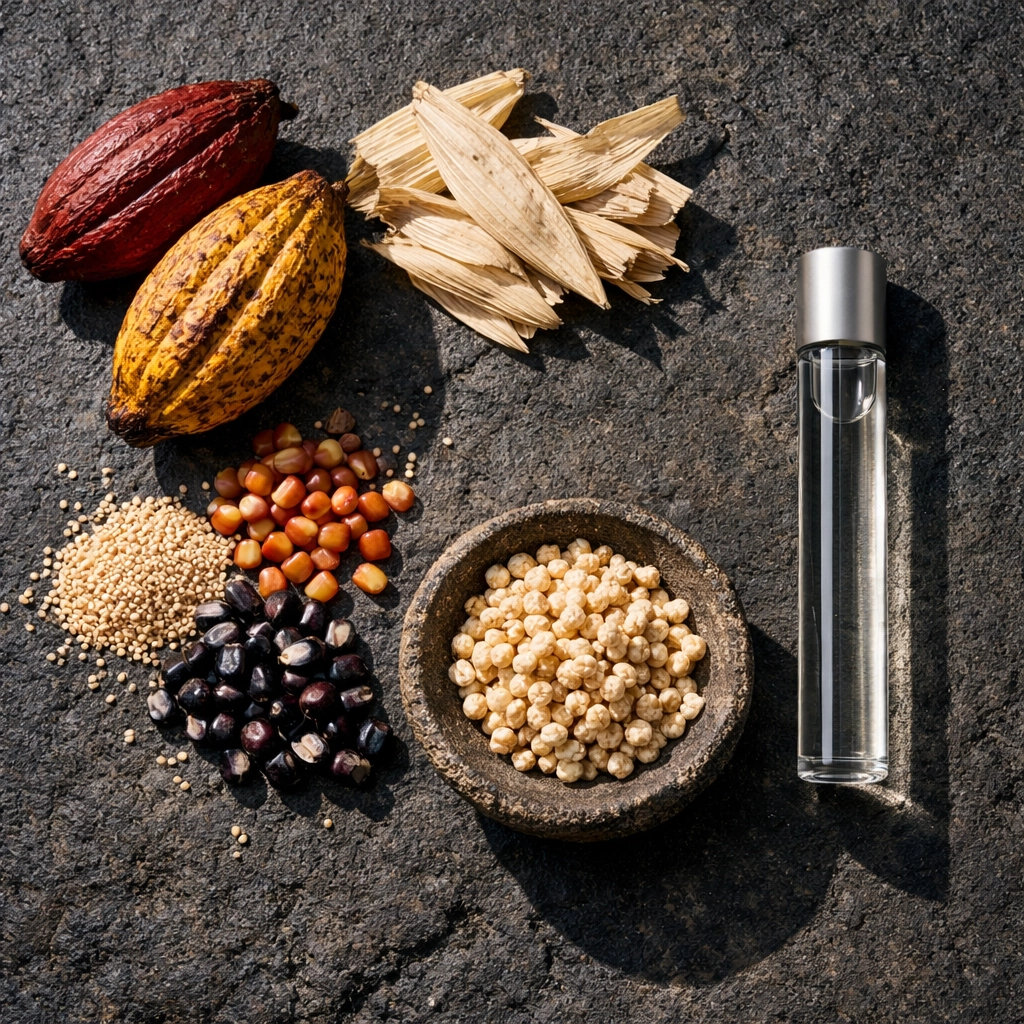 Andean raw ingredients like cacao and corn alongside a refined food science extract vial.