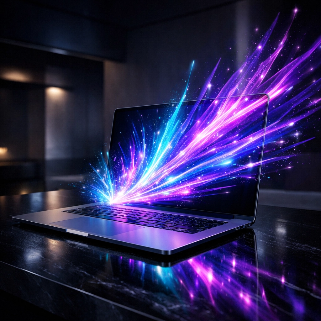 Modern laptop displaying glowing data for starting an AI-powered online business.