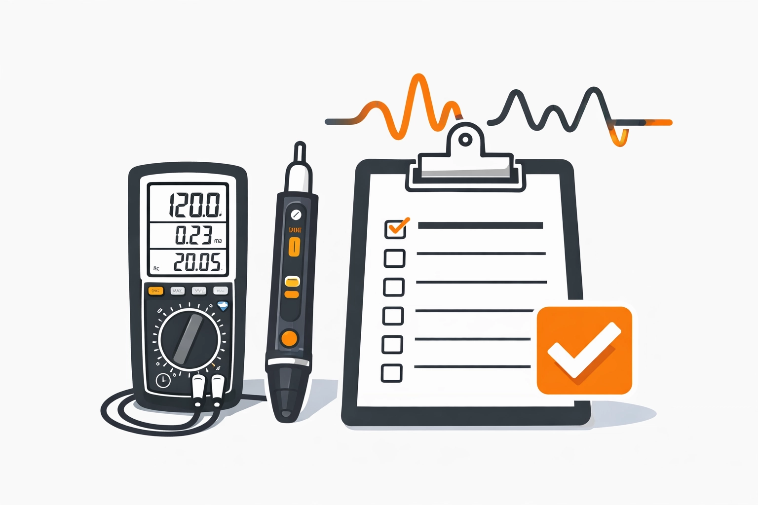E-Befund & E-Check 1120: Prüfprotokoll, Messgerät & Prüfsiegel – Illustration im Elektro-Zentrum CI-Stil