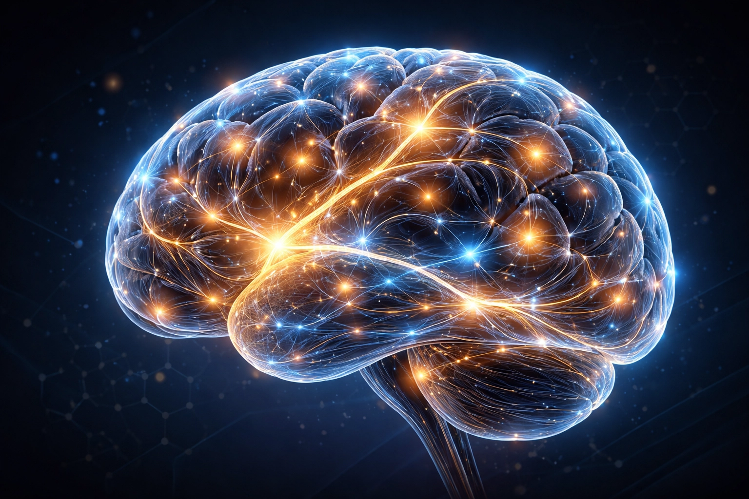 Artistic visualization of a glowing brain with illuminated neural pathways, symbolizing mental energy and focus