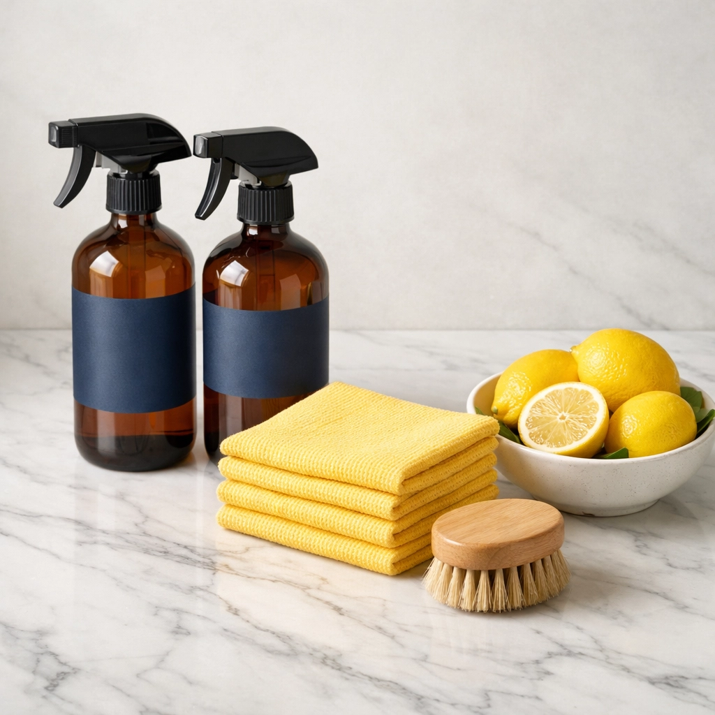 Eco-friendly non-toxic supplies for residential cleaning Massachusetts on a luxury marble countertop in Dover.