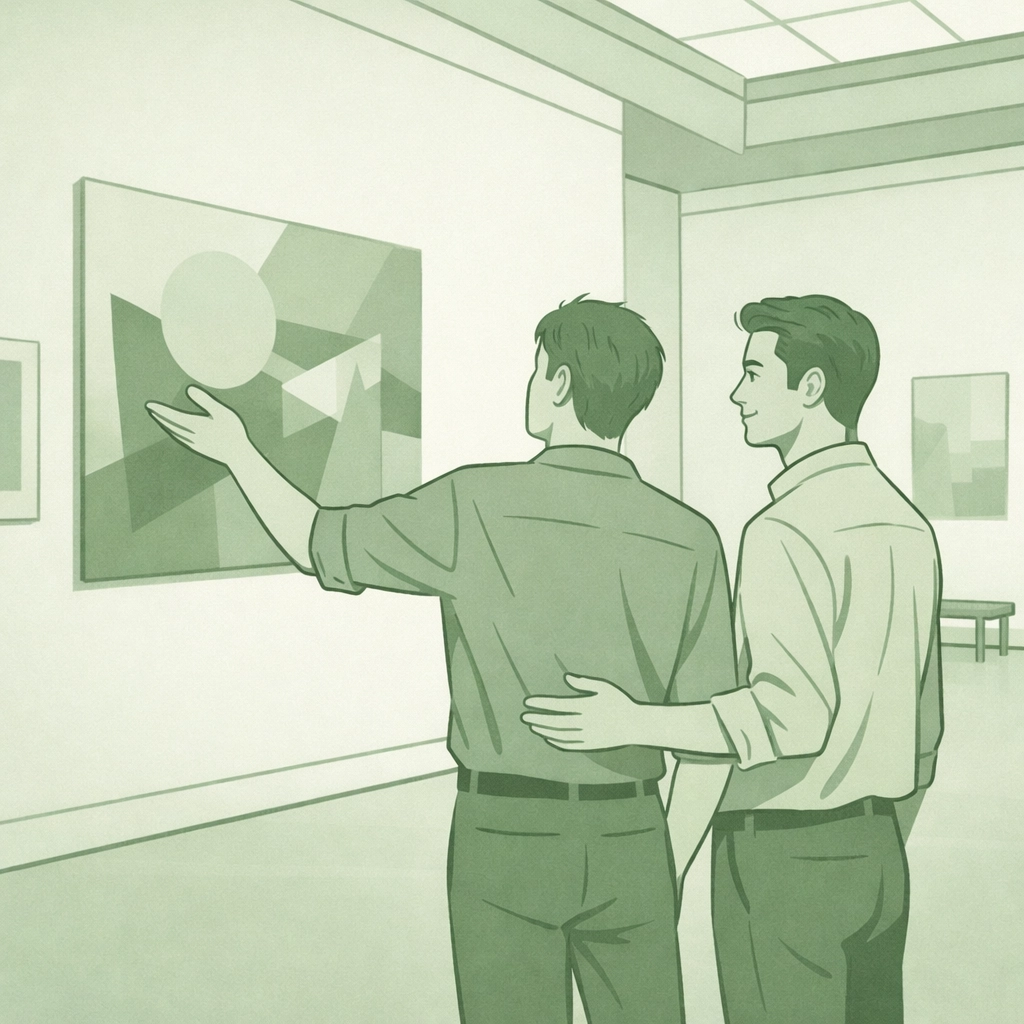 Male couple sharing intimate moment at Bangkok Art and Culture Center gallery - MM fiction setting