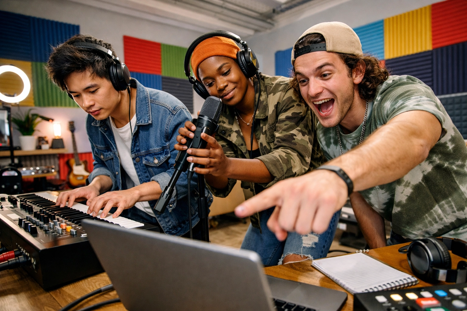 A diverse group of independent artists collaborating in a high-energy creative music space.