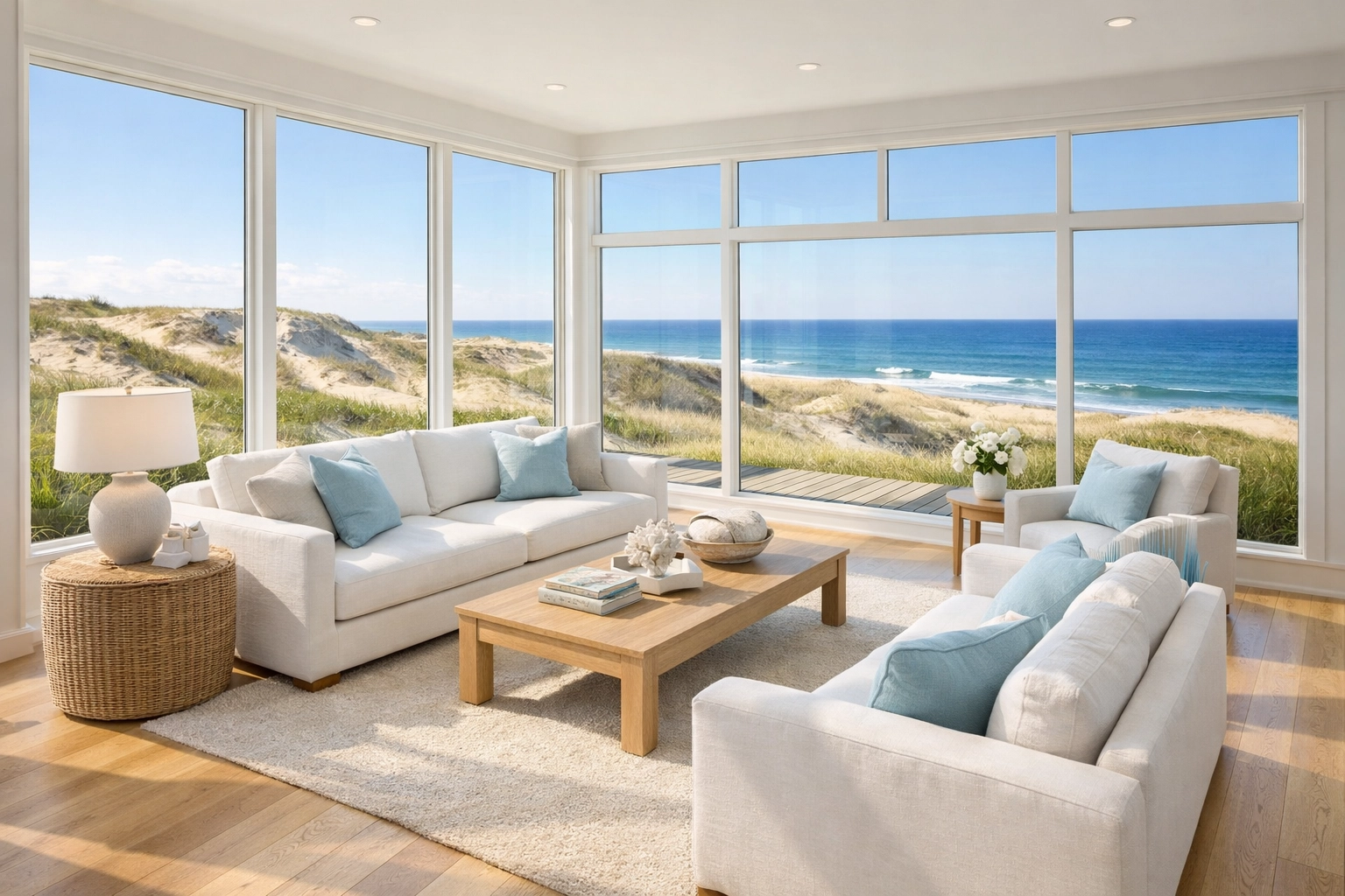 Dust-free modern Truro living room with pristine hardwood floors and coastal views.