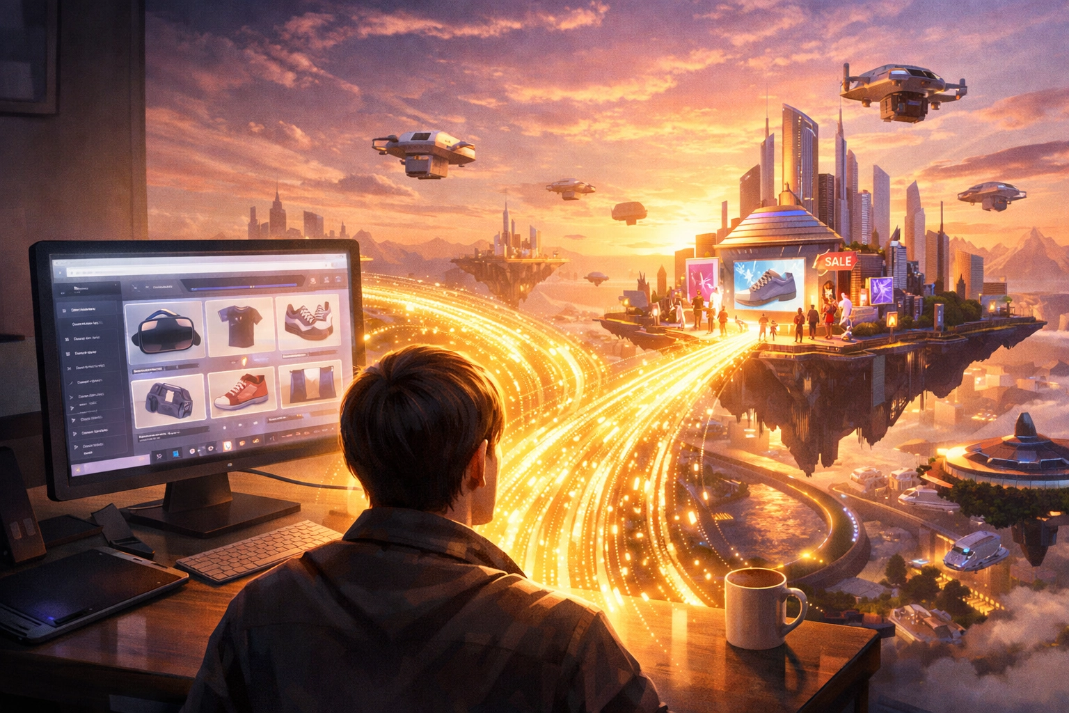 A digital bridge showing the transition from a 2D store to an AI-powered 3D metaverse marketplace.