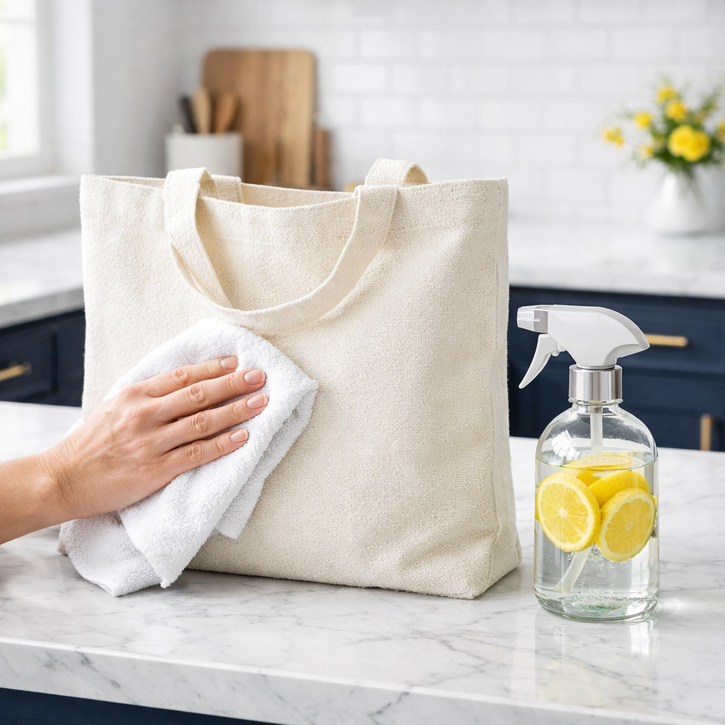 Cleaning a reusable grocery bag with a natural spray on a kitchen counter during weekly house cleaning.