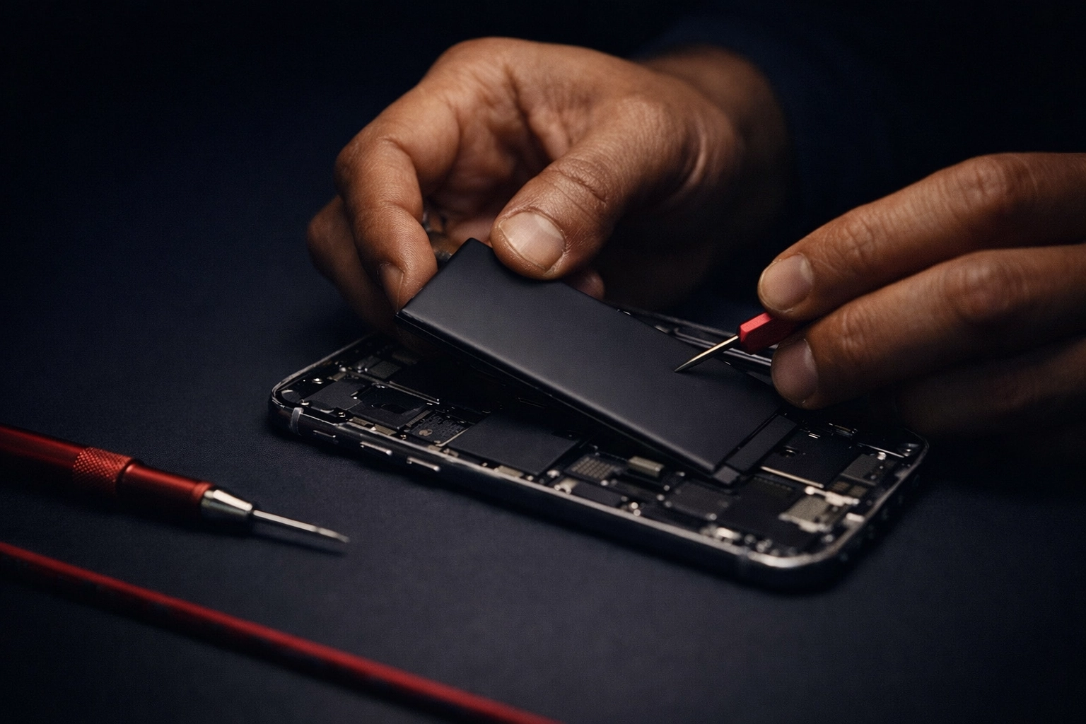 Technician hands installing premium iPhone battery replacement with precision tools