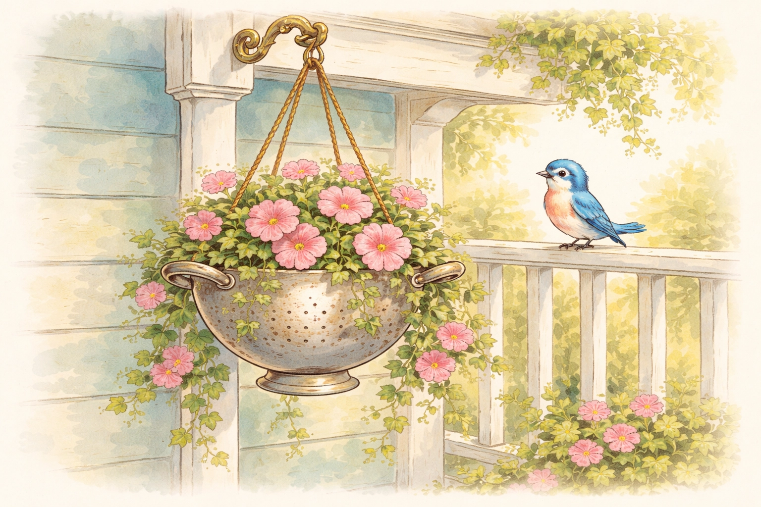 Vintage colander used as a hanging planter with pink petunias and ivy, perfect for creative garden upcycling