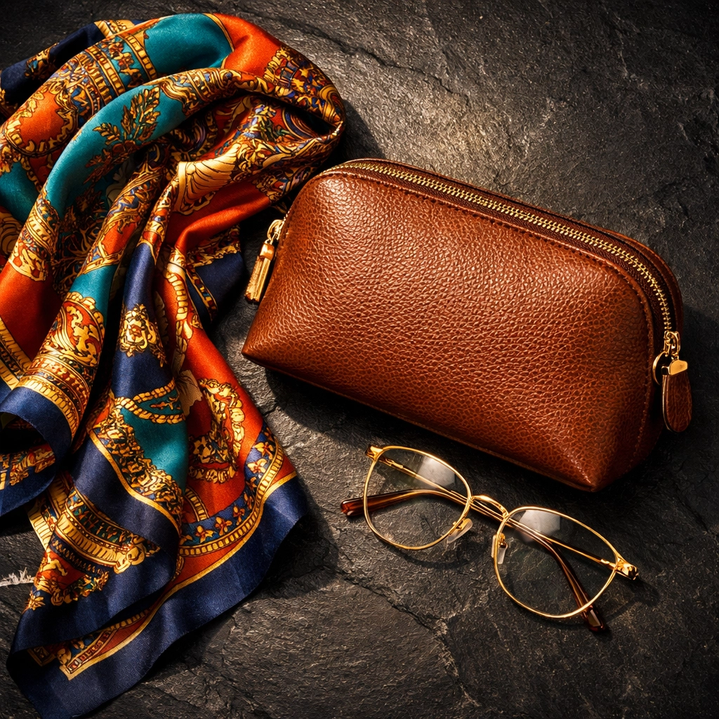 Curated flat-lay of silk scarf and leather accessories representing a Modern Money Move.