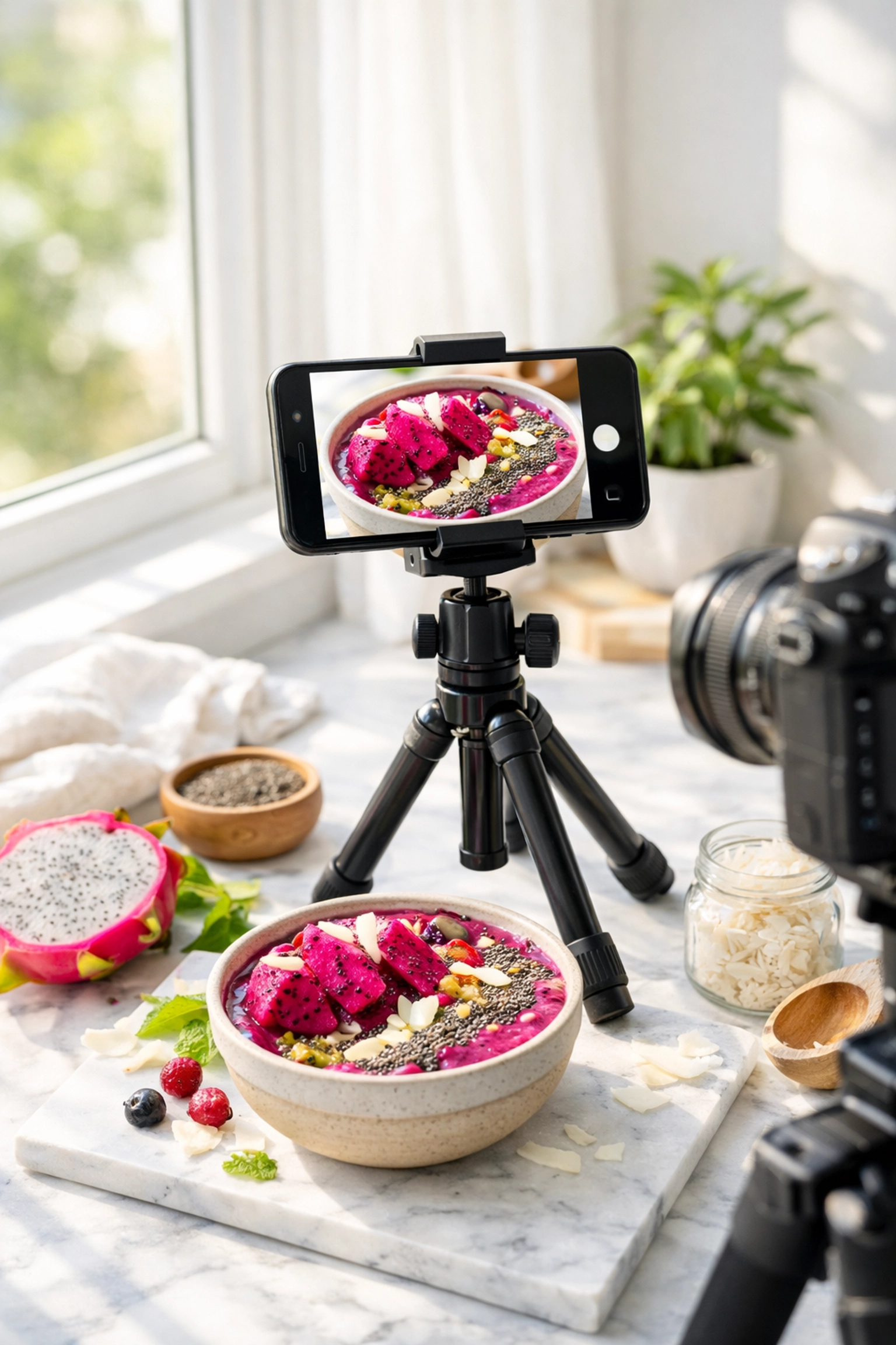 A smartphone on a tripod photographing a healthy smoothie bowl for wellness brand content marketing.
