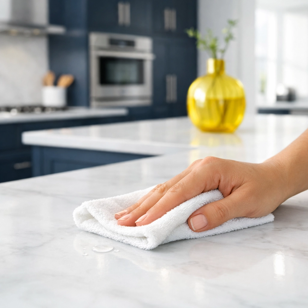 Daily kitchen maintenance showing a hand wiping a marble countertop with a microfiber cloth.