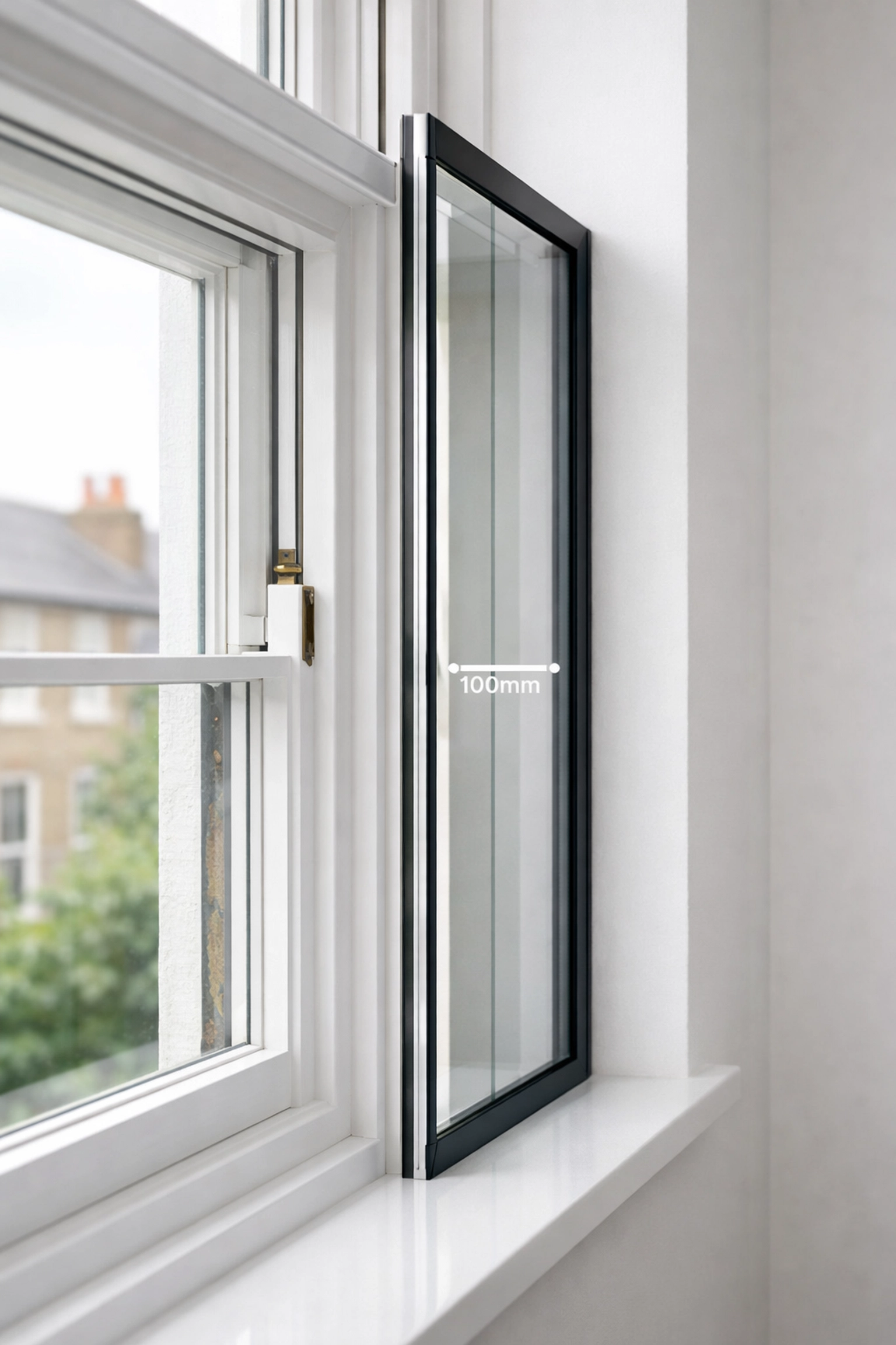 Slim secondary glazing unit for listed buildings showing a 100mm acoustic air gap.