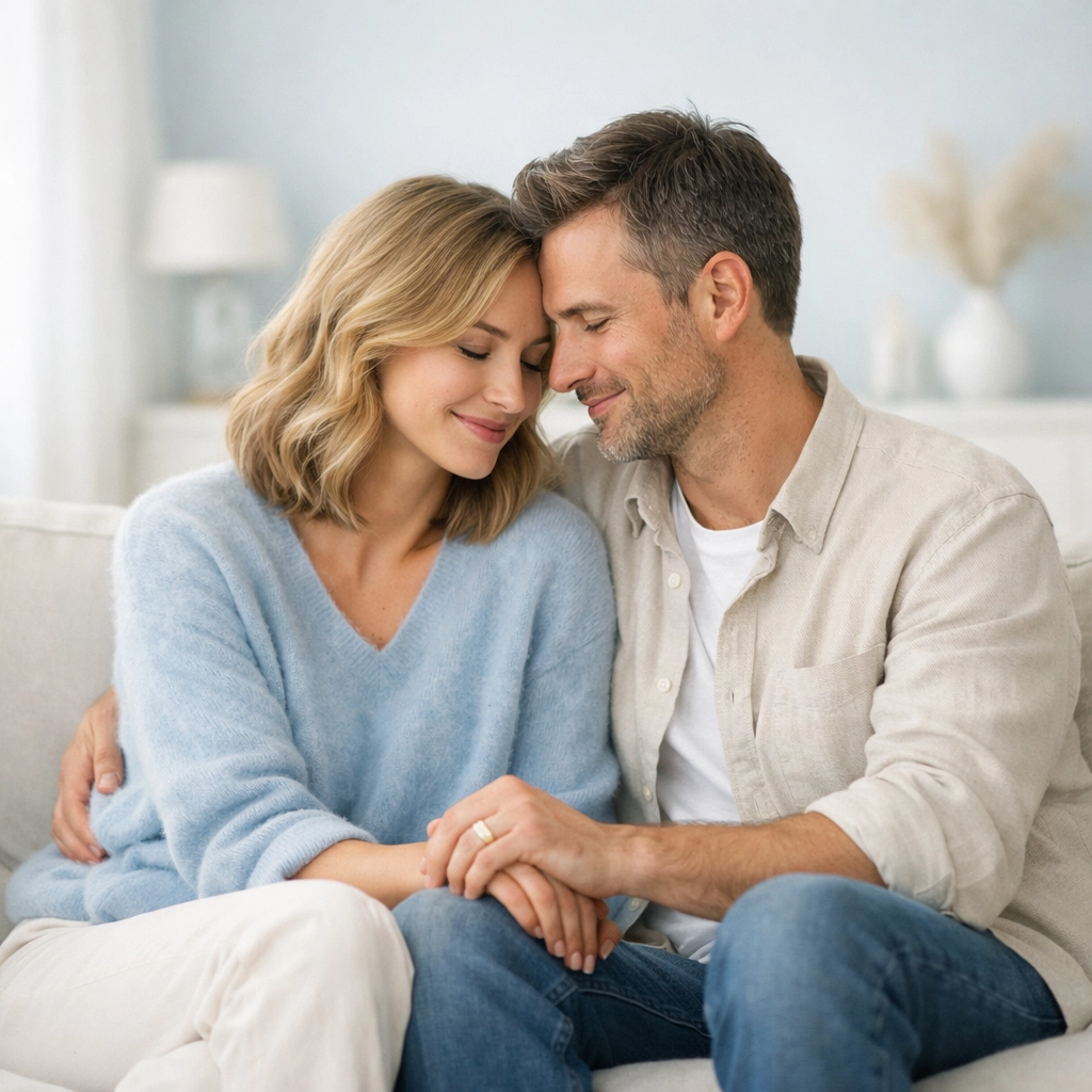 A relaxed couple in a therapy session demonstrating healthy communication and relational connection.