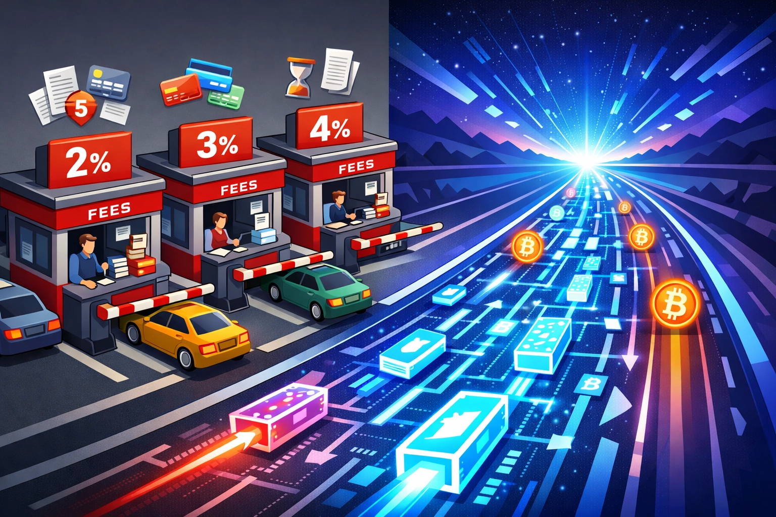 Payment gateway toll booths vs open self-custody crypto payment highway showing merchant freedom