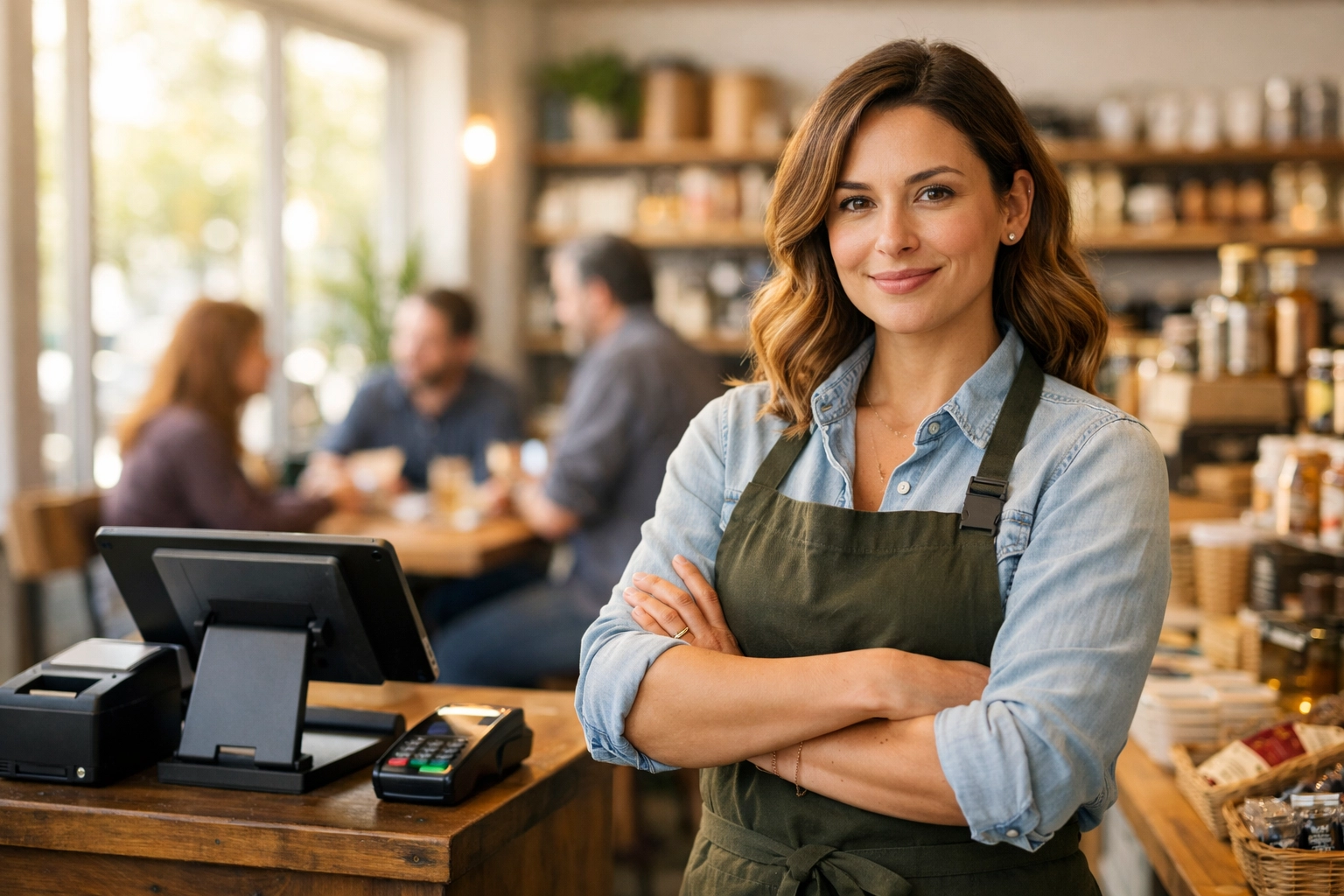 Confident Canadian small business owner in successful retail shop with customers