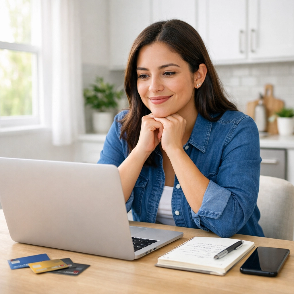 Woman researching how to build credit from scratch on laptop at home in Texas