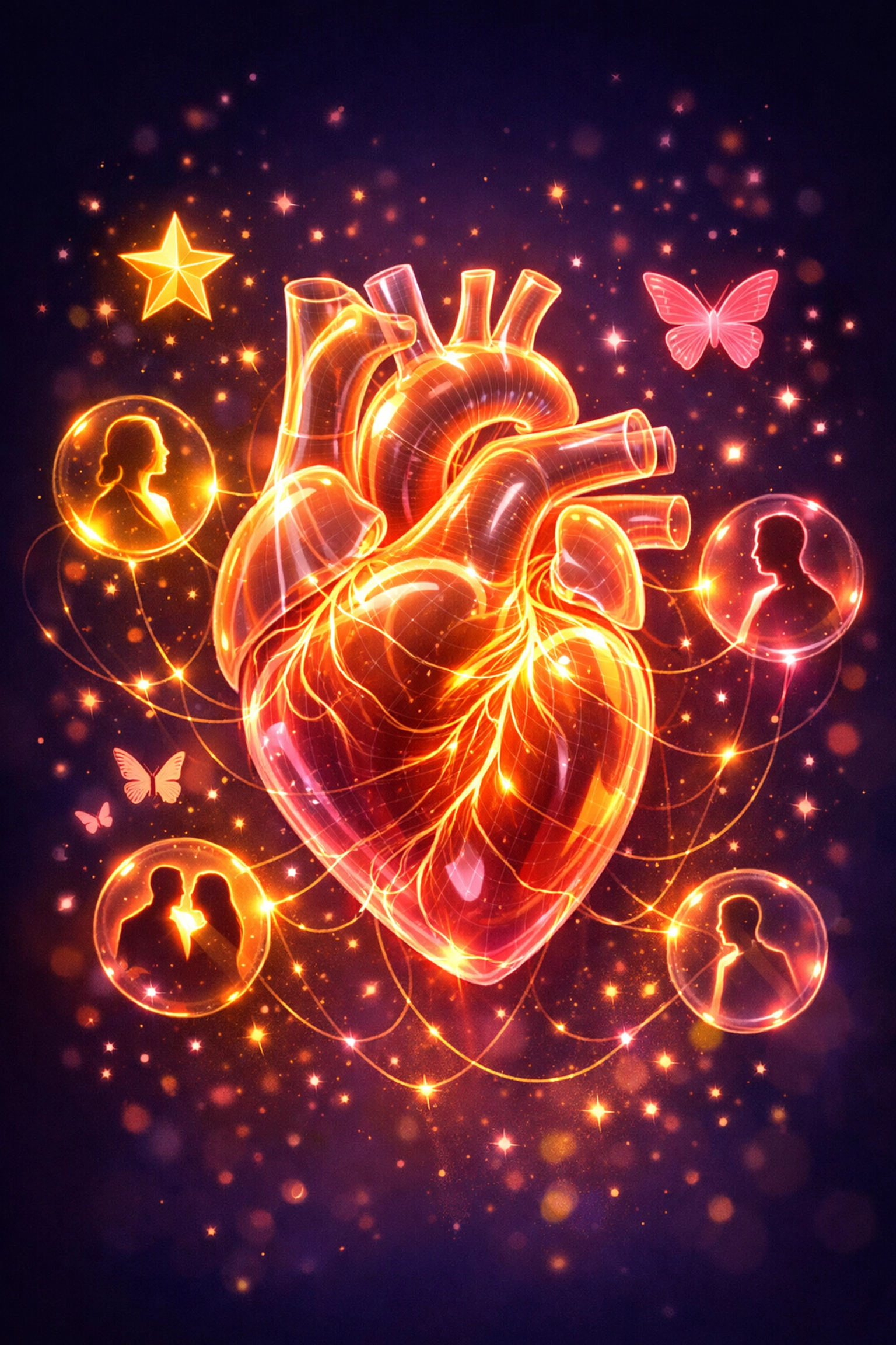 Glowing heart with connections representing catching feelings when dating multiple people