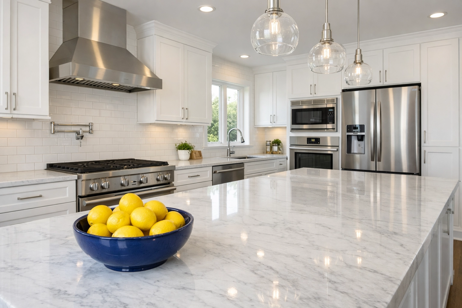 Modern kitchen with marble countertops after a professional deep cleaning Worcester service.